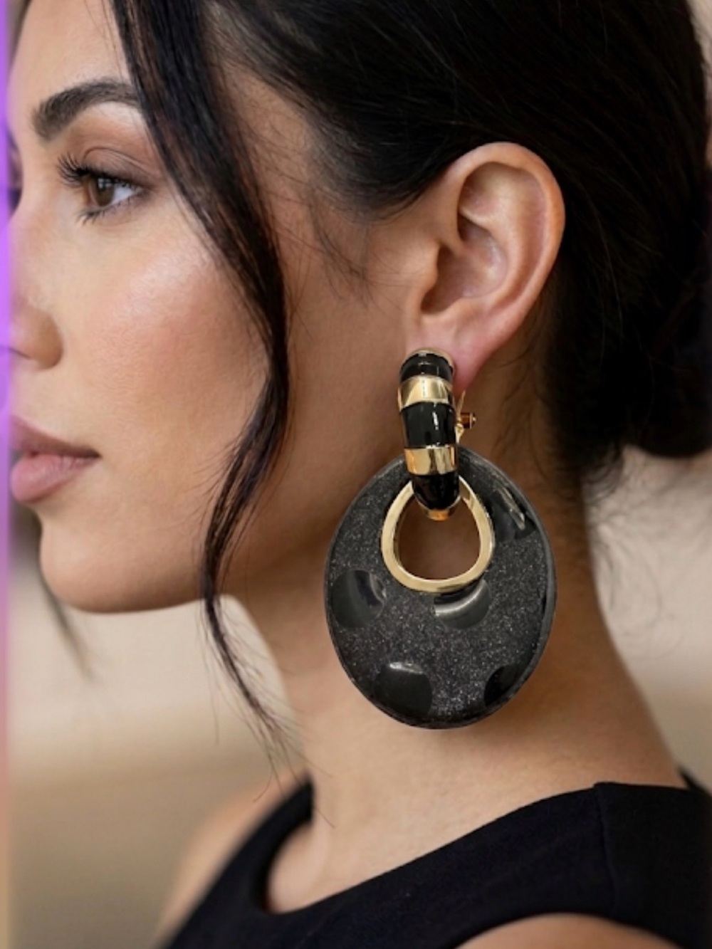 Vintage 80s Black & Gold Polka Dot Circle Drop Earrings